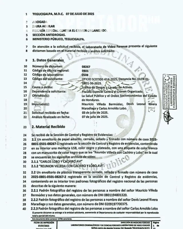 INFORME FORENSE VALIDA AUTENTICIDAD DE VIDEO DONDE APARECE MAURICIO VILLEDA RECIBIENDO DINERO DE NARCOTRAFICANTES