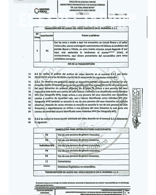 INFORME FORENSE VALIDA AUTENTICIDAD DE VIDEO DONDE APARECE MAURICIO VILLEDA RECIBIENDO DINERO DE NARCOTRAFICANTES