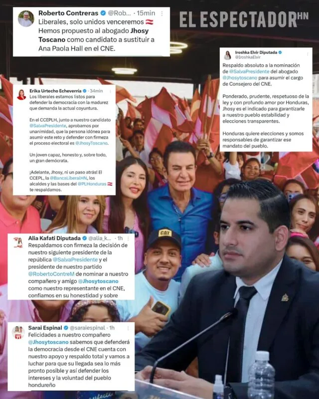 Jhosy Toscano actual diputado liberal ha recibido un amplio y contundente respaldo de diversas figuras del Partido Liberal, quienes han manifestado su apoyo para que sea propuesto como nuevo consejero del Consejo Nacional Electoral (CNE), en sustitución de Ana Paola Hall.