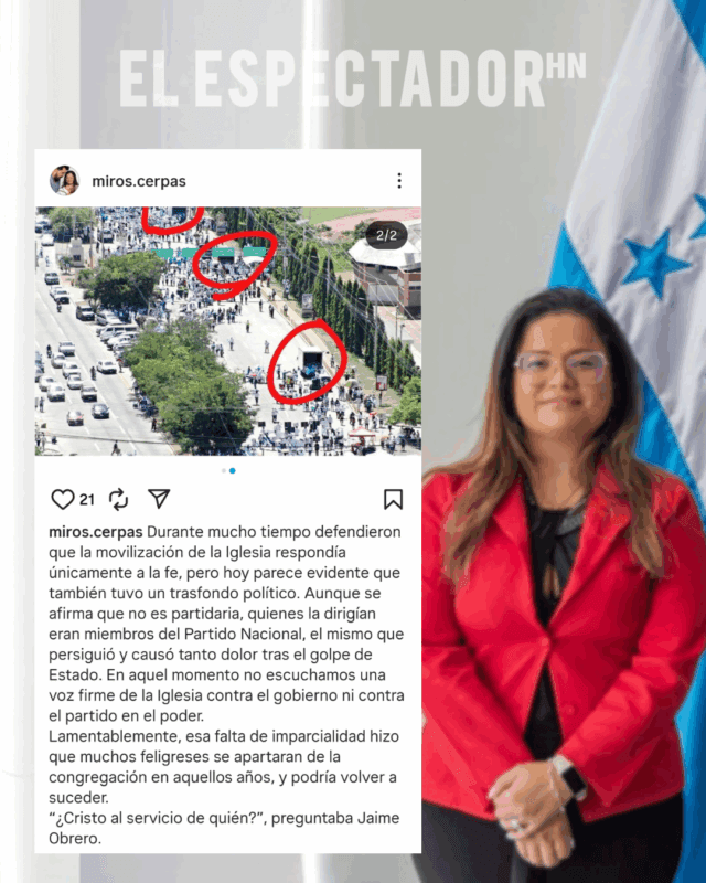 Miroslava Cerpas señala a la iglesia caída desde el golpe de estado en 2009
