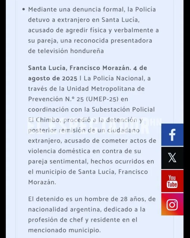 Marcela Duarte denuncia a su pareja por violencia doméstica en Santa Lucía