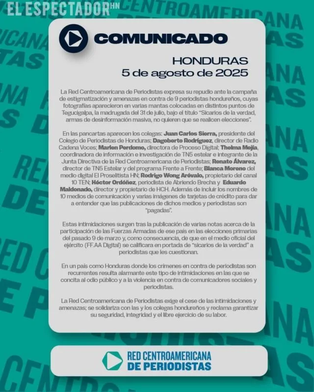 Red Centroamericana de Periodistas repudia estigmatización por parte del oficialismo a comunicadores en Honduras