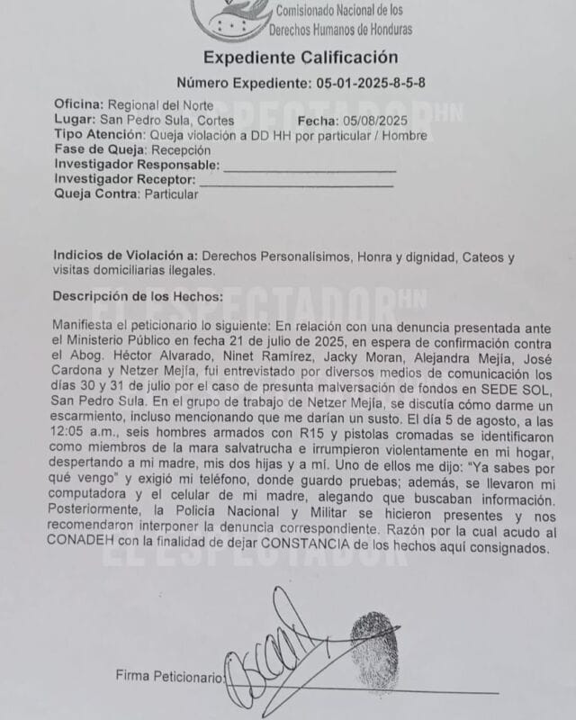 Óscar zelaya denuncia que el 5 de agosto entraron a su casa para robar pruebas