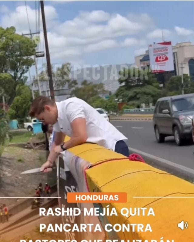 Rashid Mejía quita pancarta contra pastores que realizarán la caminata el sábado 16 de agosto