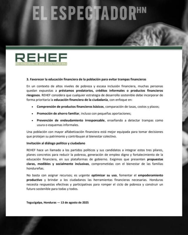 REHEF: Reducir la pobreza en Honduras requiere planes concretos, empleo digno y educación financiera