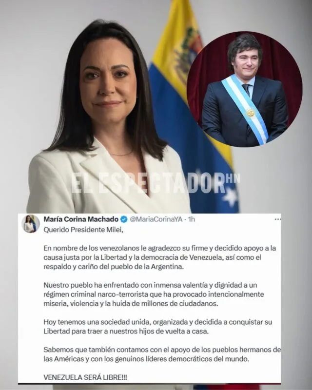 María Corina Machado agradece a Javier Milei por declarar al Cártel de los Soles como grupo terrorista