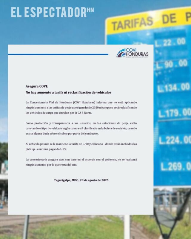 Covi asegura que no hay aumento a tarifa ni reclasificación de vehículos