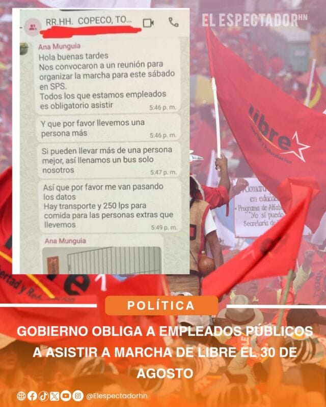 Gobierno obliga a empleados públicos a asistir a marcha de libre el 30 de agosto