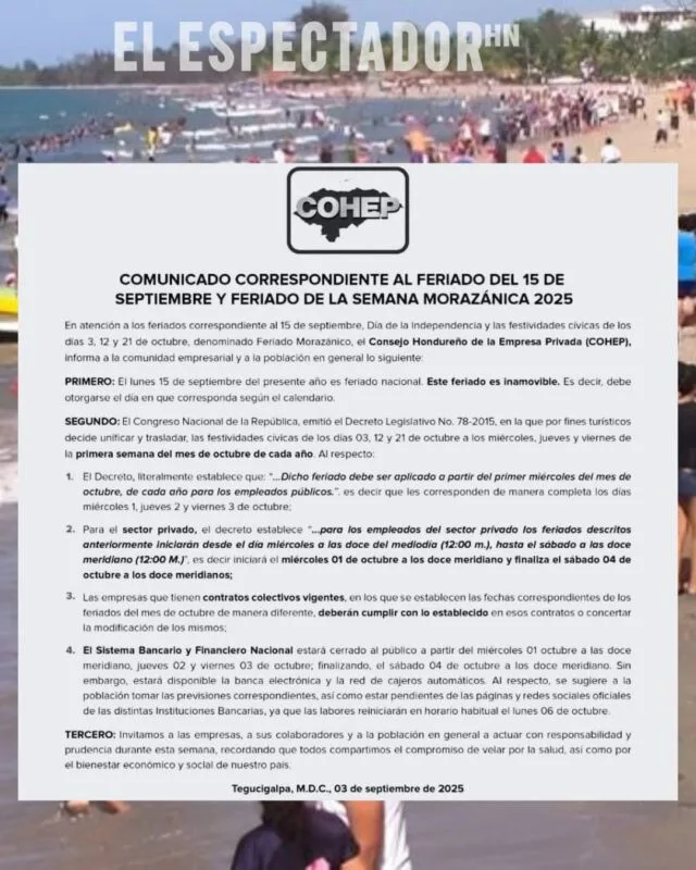 COHEP anuncia calendario de feriados para la semana morazánica