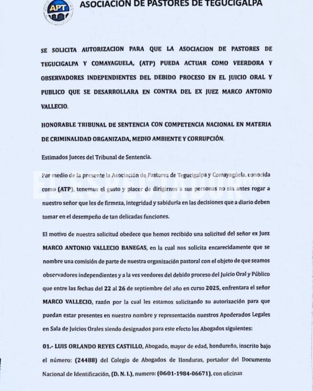 Asociación de Pastores de Tegucigalpa solicita ser veedora en el juicio contra el exjuez Marco Vallecillo