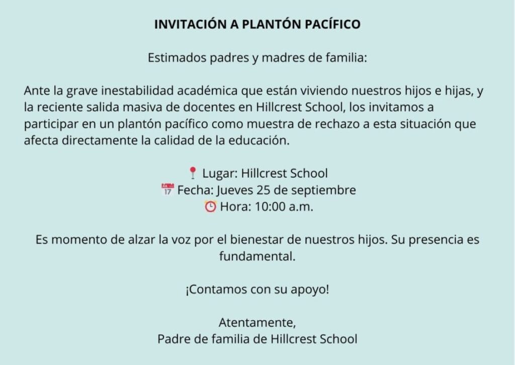 Padres de familia protestan en Hillcrest School por despido de docentes y cambios en la administración