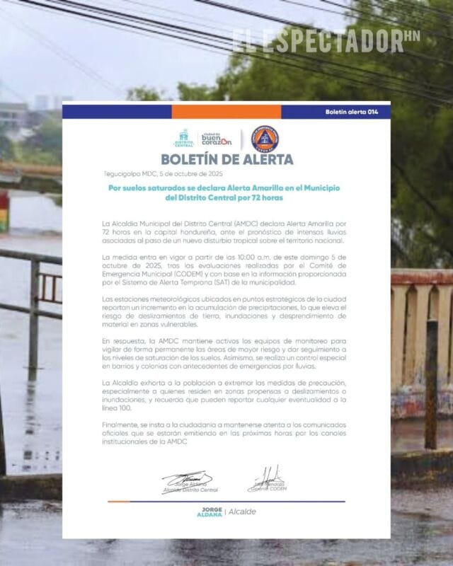 Alerta amarilla por suelos saturados en el Distrito Central durante 72 horas