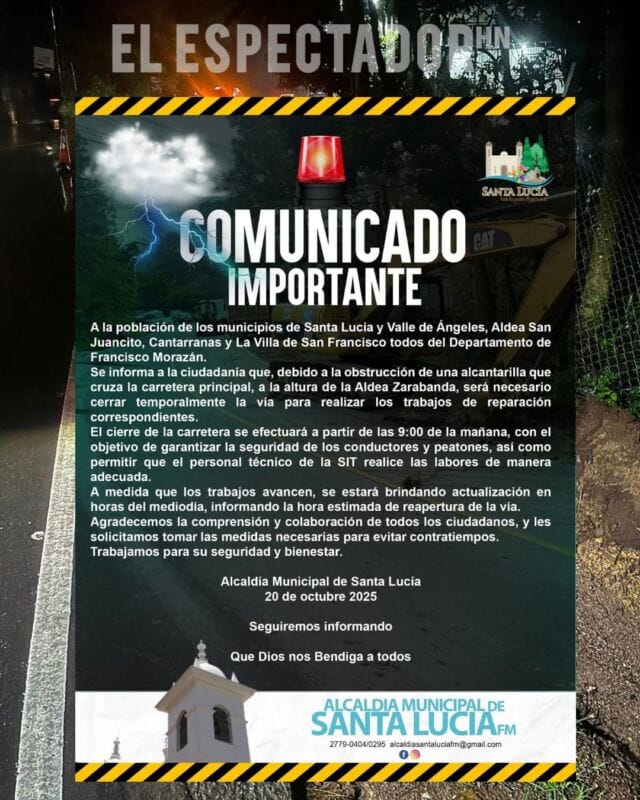 Alcaldía de Santa Lucía informa cierre temporal de carretera por reparación de alcantarilla