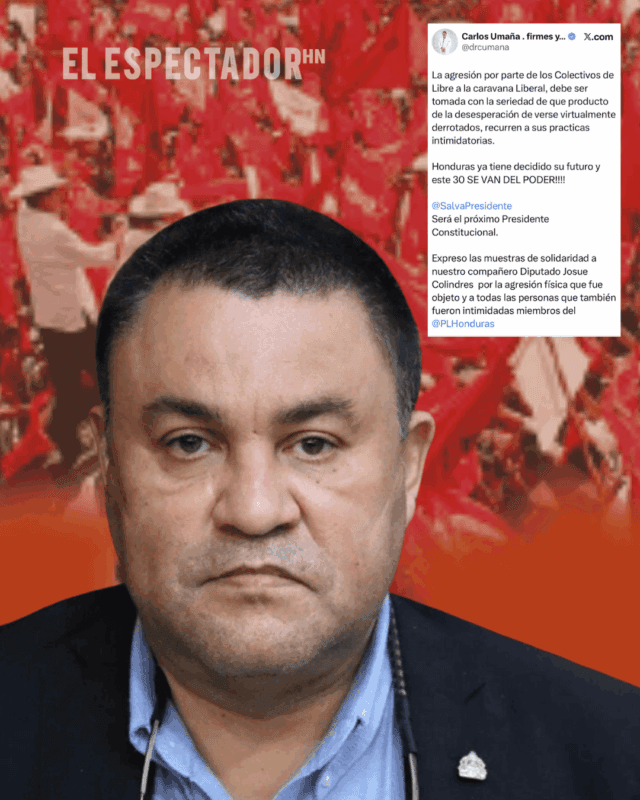 Carlos Umaña denuncia ataque a caravana liberal durante actividad política en Tegucigalpa.