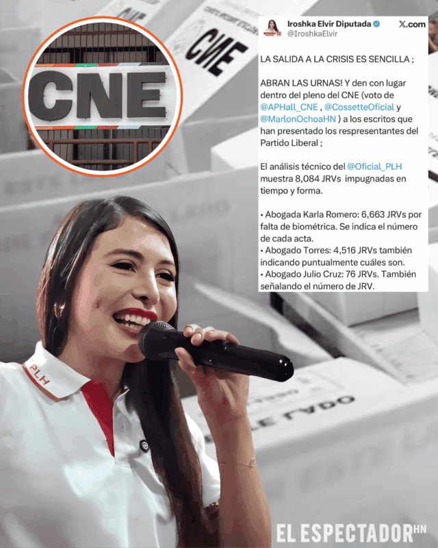 Iroska Elvir exige al pleno CNE abrir las urnas tras el escrutinio