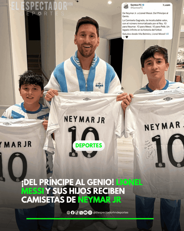 Lionel Messi y sus hijos reciben camisetas de Neymar