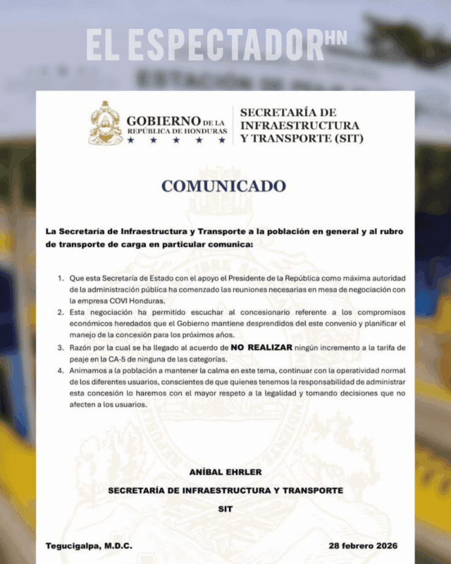 SIT anuncia no habrá aumento en la tarifa de peaje de la CA-5