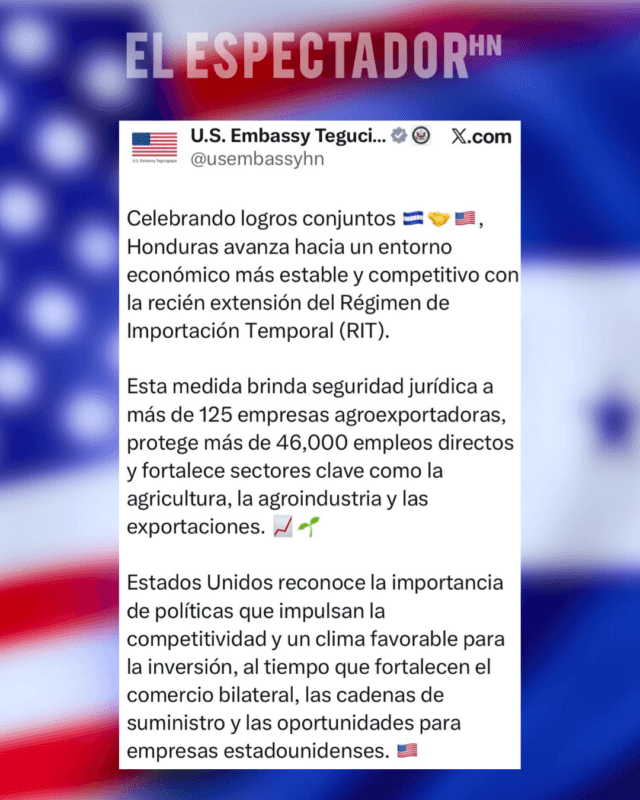 Estados Unidos celebra extensión del RIT en Honduras