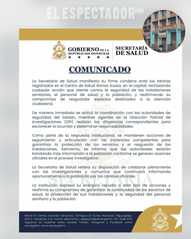 SESAL anuncia acciones inmediatas tras el robo en el centro de salud Alonzo Suazo