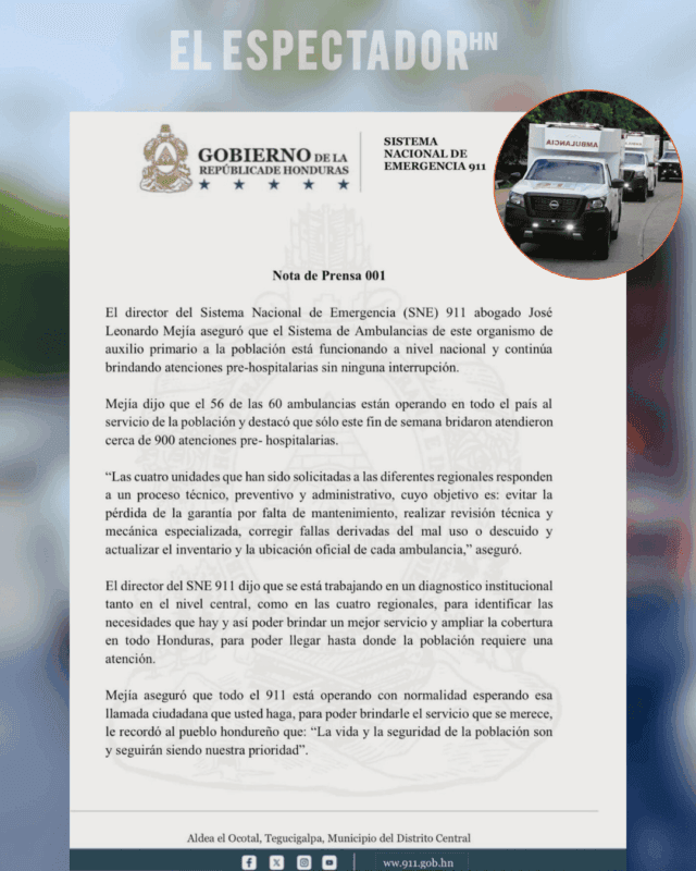 Servicio de ambulancias del 911 continúa operativo pese a revisiones técnicas en Honduras