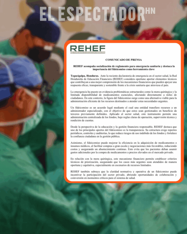 Rehef propone uso de fideicomisos para garantizar transparencia ante la emergencia sanitaria de Honduras