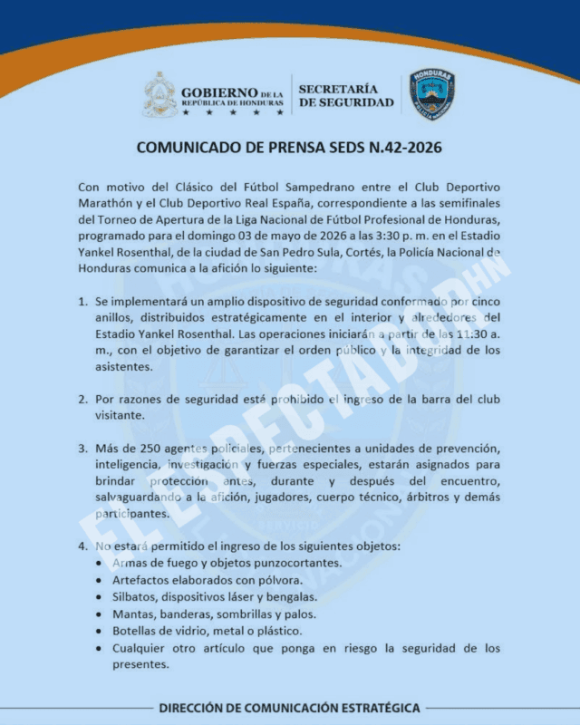 Más de 250 agentes PNH resguardarán el clásico Marathón vs Real España en San Pedro Sula