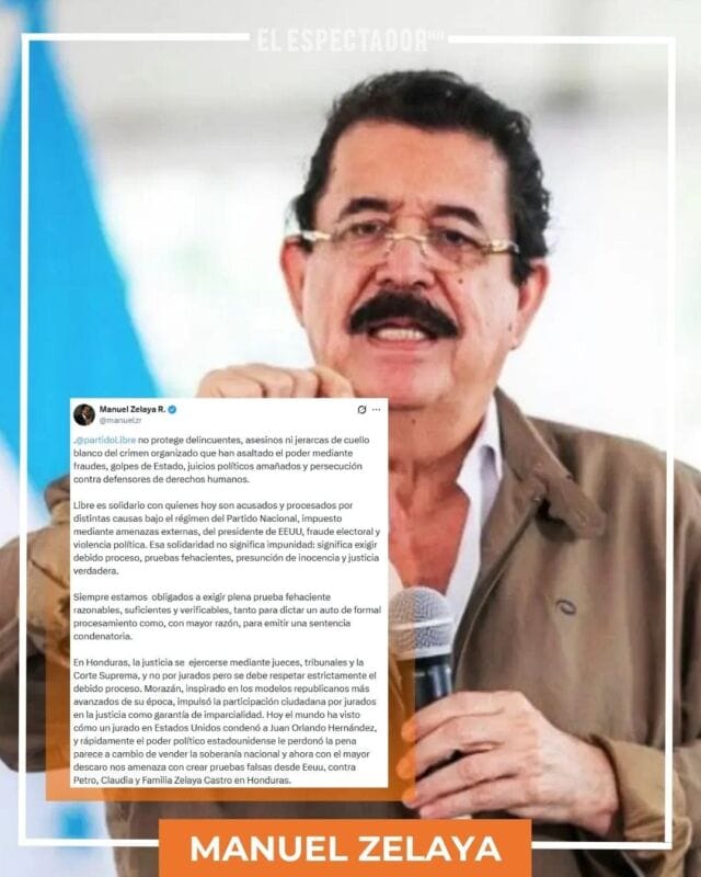 El expresidente de Honduras, Manuel Zelaya, publicó un mensaje en su cuenta de X donde aseguró que el partido Partido Libertad y Refundación no protege a delincuentes ni a personas vinculadas al crimen organizado.