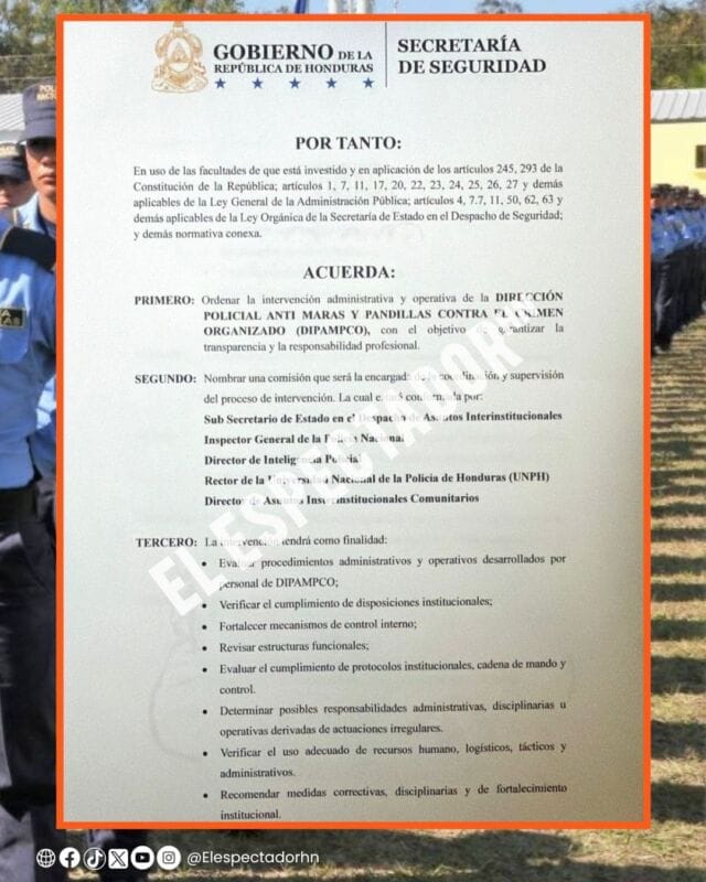 Secretaría de Seguridad confirma intervención de la DIPAMPCO para fortalecer la transparencia dentro de la institución