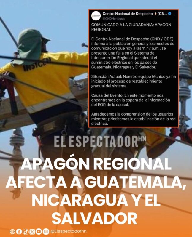 Apagón regional afecta a Guatemala, Nicaragua y El Salvador 