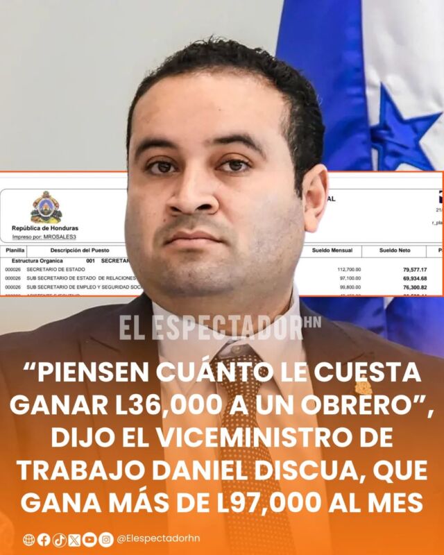 “Piensen cuánto le cuesta ganar L36,000 a un obrero”, dijo el viceministro de trabajo Daniel Discua, que gana más de L97,000 al mes