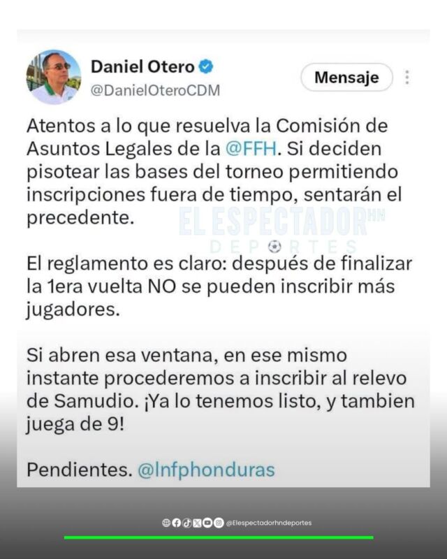 Daniel Otero advierte que inscribirá un nuevo delantero si la FFH permite fichajes fuera de tiempo.
